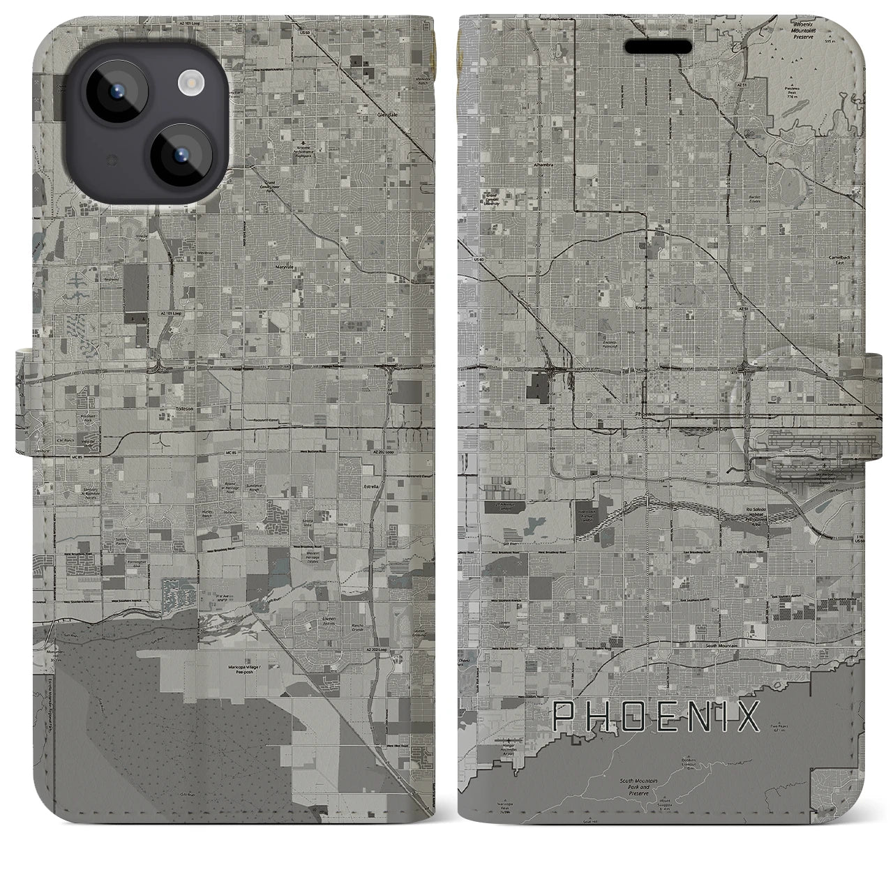【フェニックス】地図柄iPhoneケース（手帳両面タイプ・モノトーン）iPhone 14 Plus 用