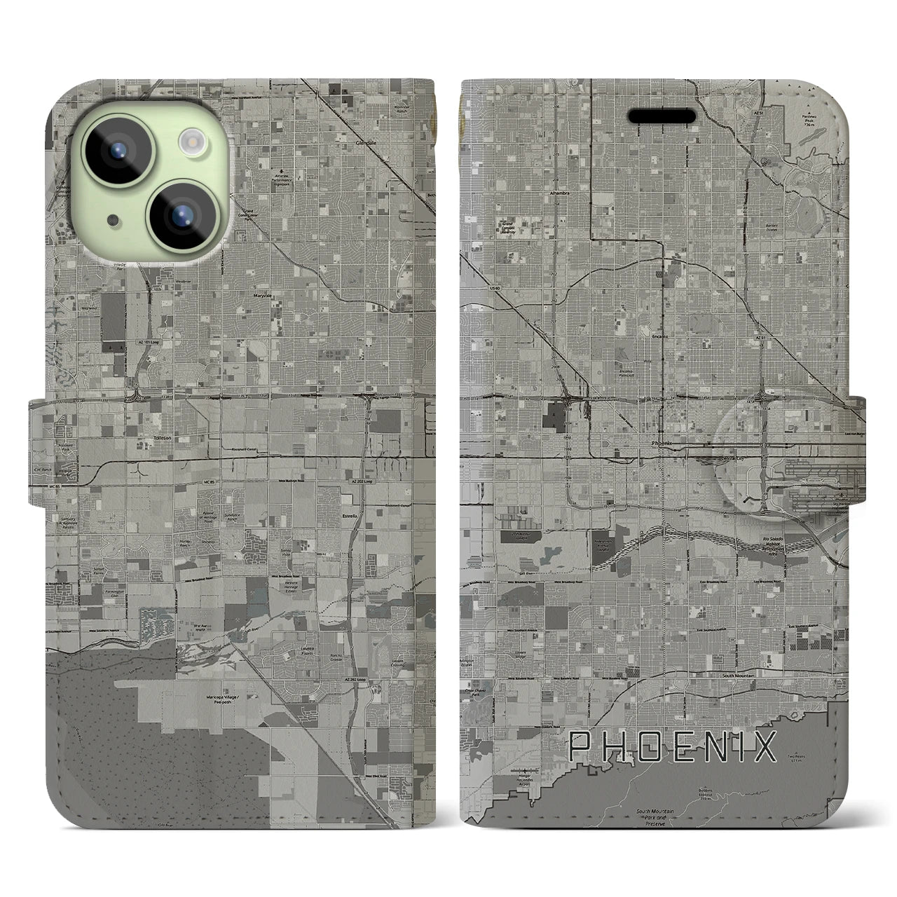 【フェニックス】地図柄iPhoneケース（手帳両面タイプ・モノトーン）iPhone 15 用