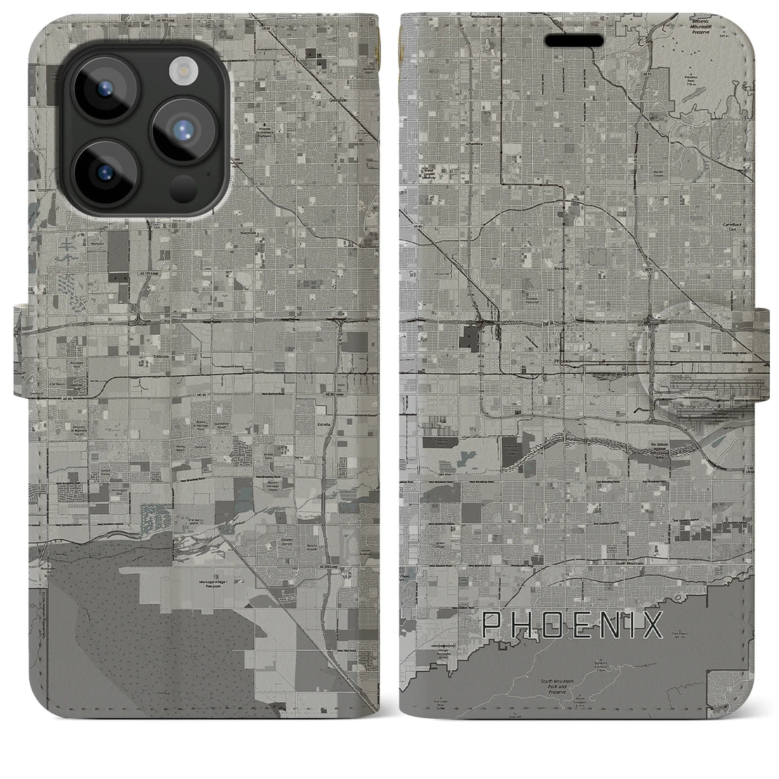 【フェニックス】地図柄iPhoneケース（手帳両面タイプ・モノトーン）iPhone 15 Pro Max 用