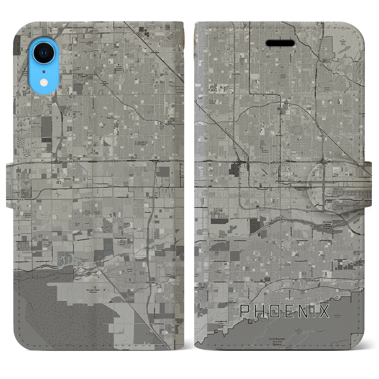 【フェニックス】地図柄iPhoneケース（手帳両面タイプ・モノトーン）iPhone XR 用