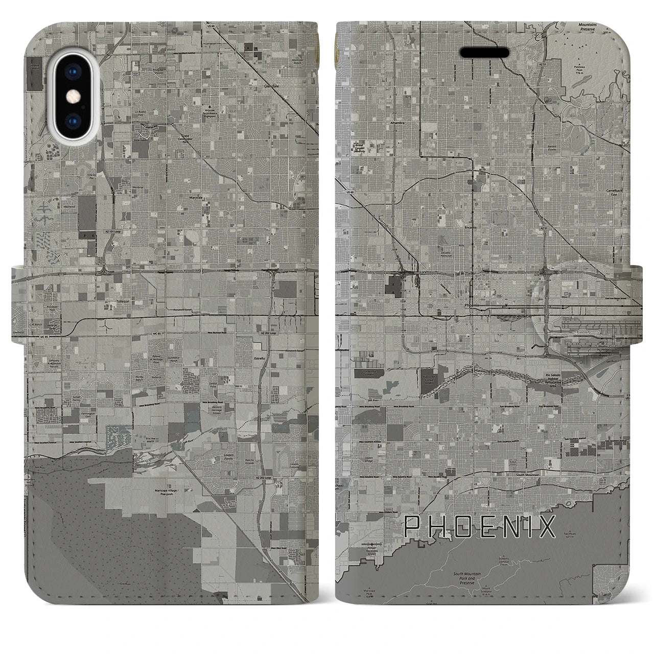 【フェニックス】地図柄iPhoneケース（手帳両面タイプ・モノトーン）iPhone XS Max 用