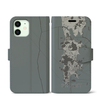 【プーケット（タイ）】地図柄iPhoneケース（手帳タイプ）モノトーン・iPhone 12 mini 用