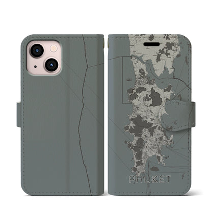 【プーケット（タイ）】地図柄iPhoneケース（手帳タイプ）モノトーン・iPhone 13 mini 用