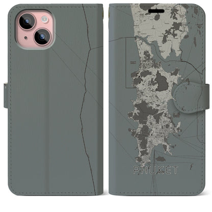 【プーケット（タイ）】地図柄iPhoneケース（手帳タイプ）モノトーン・iPhone 15 Plus 用