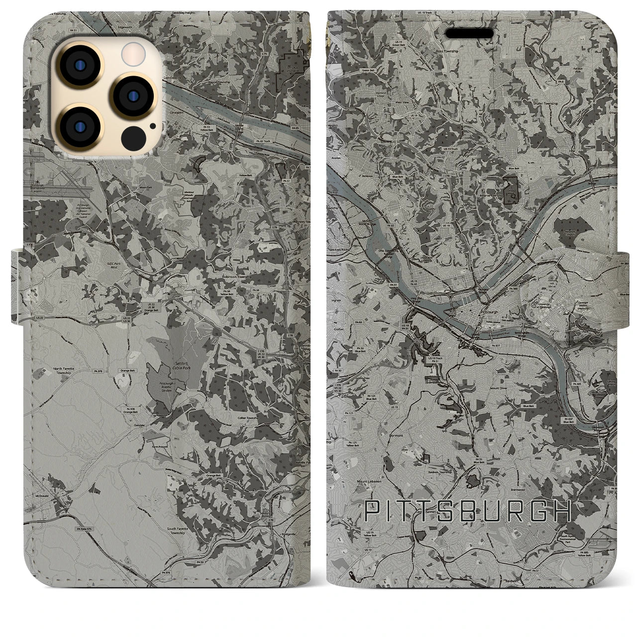【ピッツバーグ】地図柄iPhoneケース（手帳両面タイプ・モノトーン）iPhone 12 Pro Max 用