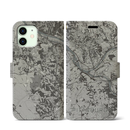 【ピッツバーグ（アメリカ）】地図柄iPhoneケース（手帳タイプ）モノトーン・iPhone 12 mini 用