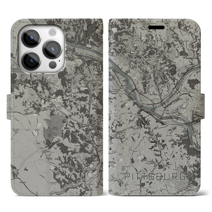 【ピッツバーグ（アメリカ）】地図柄iPhoneケース（手帳タイプ）モノトーン・iPhone 14 Pro 用