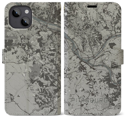 【ピッツバーグ（アメリカ）】地図柄iPhoneケース（手帳タイプ）モノトーン・iPhone 14 Plus 用