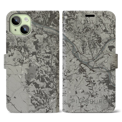 【ピッツバーグ（アメリカ）】地図柄iPhoneケース（手帳タイプ）モノトーン・iPhone 15 用