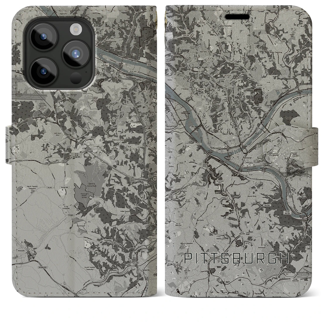 【ピッツバーグ】地図柄iPhoneケース（手帳両面タイプ・モノトーン）iPhone 15 Pro Max 用
