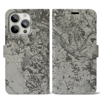 【ピッツバーグ（アメリカ）】地図柄iPhoneケース（手帳タイプ）モノトーン・iPhone 15 Pro 用