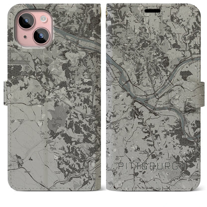 【ピッツバーグ（アメリカ）】地図柄iPhoneケース（手帳タイプ）モノトーン・iPhone 15 Plus 用