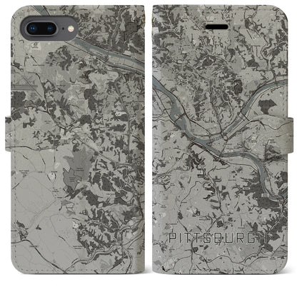 【ピッツバーグ（アメリカ）】地図柄iPhoneケース（手帳タイプ）モノトーン・iPhone 8Plus /7Plus / 6sPlus / 6Plus 用