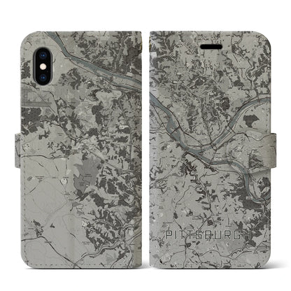 【ピッツバーグ（アメリカ）】地図柄iPhoneケース（手帳タイプ）モノトーン・iPhone XS / X 用