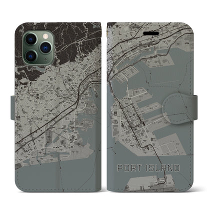 【ポートアイランド（兵庫県）】地図柄iPhoneケース（手帳タイプ）モノトーン・iPhone 11 Pro 用