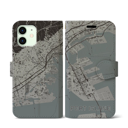 【ポートアイランド（兵庫県）】地図柄iPhoneケース（手帳タイプ）モノトーン・iPhone 12 mini 用