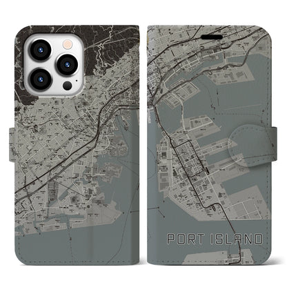【ポートアイランド（兵庫県）】地図柄iPhoneケース（手帳タイプ）モノトーン・iPhone 13 Pro 用