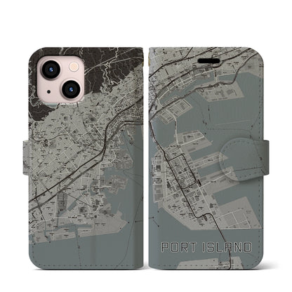【ポートアイランド（兵庫県）】地図柄iPhoneケース（手帳タイプ）モノトーン・iPhone 13 mini 用