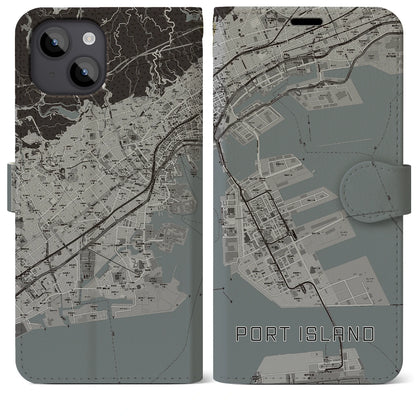 【ポートアイランド（兵庫県）】地図柄iPhoneケース（手帳タイプ）モノトーン・iPhone 14 Plus 用
