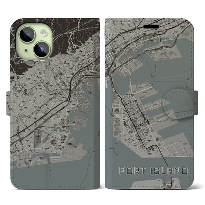 【ポートアイランド（兵庫県）】地図柄iPhoneケース（手帳タイプ）モノトーン・iPhone 15 用