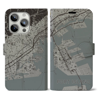 【ポートアイランド（兵庫県）】地図柄iPhoneケース（手帳タイプ）モノトーン・iPhone 15 Pro 用