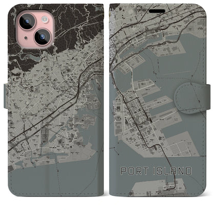 【ポートアイランド（兵庫県）】地図柄iPhoneケース（手帳タイプ）モノトーン・iPhone 15 Plus 用