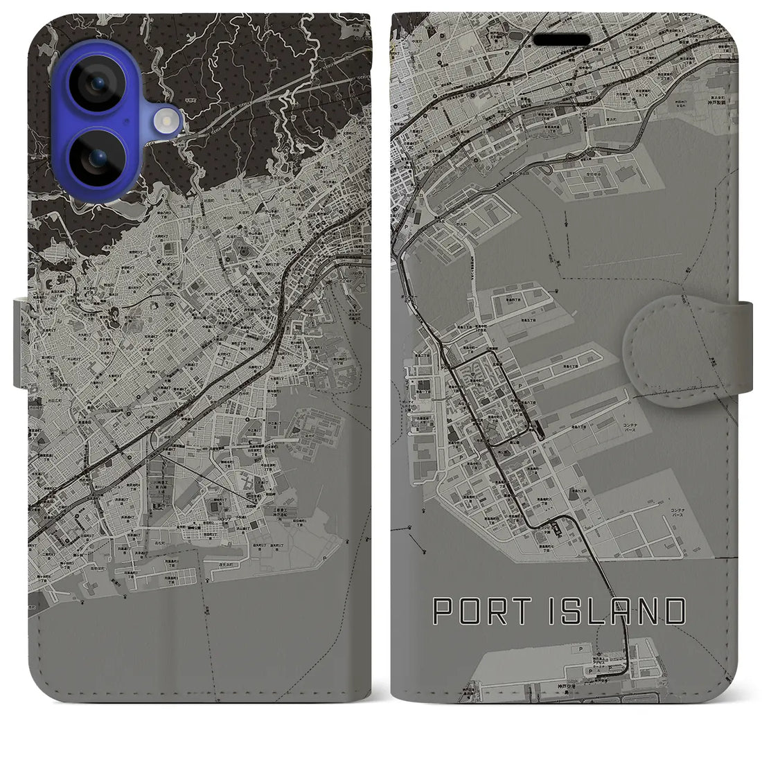 【ポートアイランド(兵庫県)】地図柄iPhoneケース(手帳タイプ)モノトーン・iPhone 16 Pro Max 用