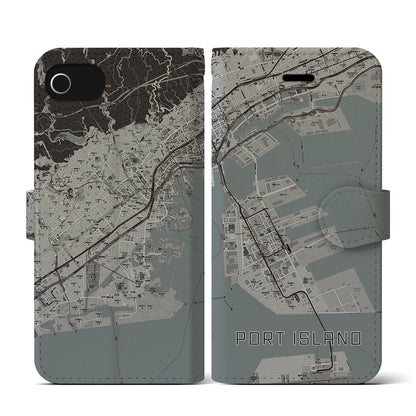 【ポートアイランド（兵庫県）】地図柄iPhoneケース（手帳タイプ）モノトーン・iPhone SE（第3 / 第2世代） / 8 / 7 / 6s / 6 用