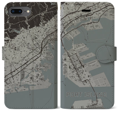 【ポートアイランド（兵庫県）】地図柄iPhoneケース（手帳タイプ）モノトーン・iPhone 8Plus /7Plus / 6sPlus / 6Plus 用