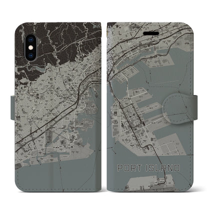 【ポートアイランド（兵庫県）】地図柄iPhoneケース（手帳タイプ）モノトーン・iPhone XS / X 用