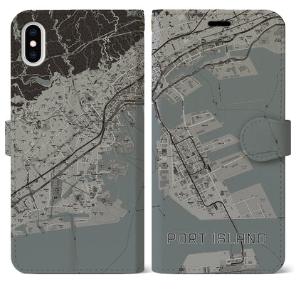 【ポートアイランド（兵庫県）】地図柄iPhoneケース（手帳タイプ）モノトーン・iPhone XS Max 用