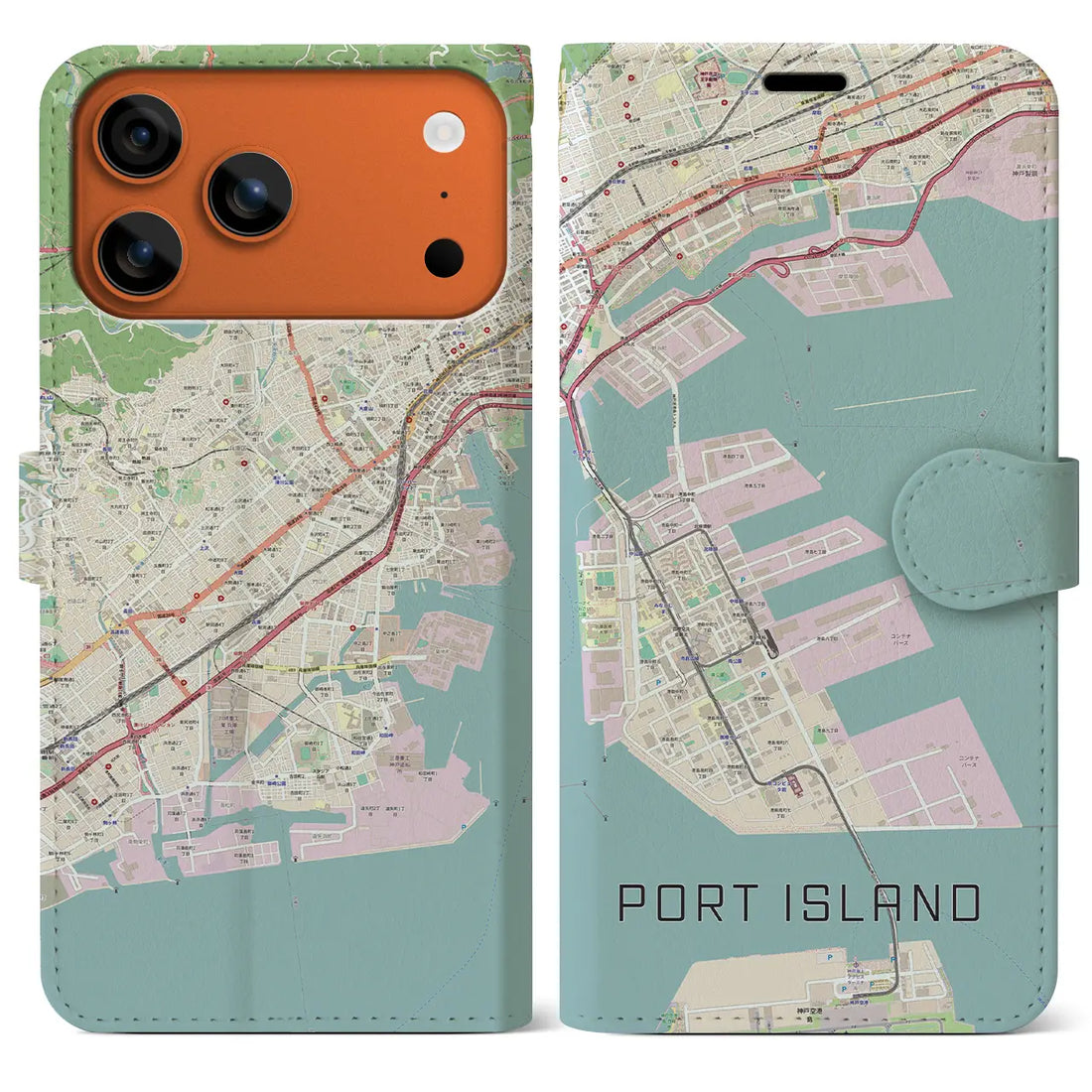 【ポートアイランド（兵庫県）】地図柄iPhoneケース（手帳タイプ）ナチュラル・iPhone 17 Pro Max 用
