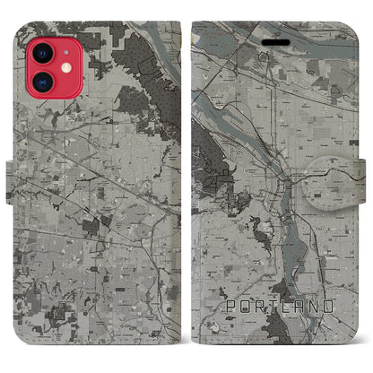 【ポートランド（アメリカ）】地図柄iPhoneケース（手帳タイプ）モノトーン・iPhone 11 用
