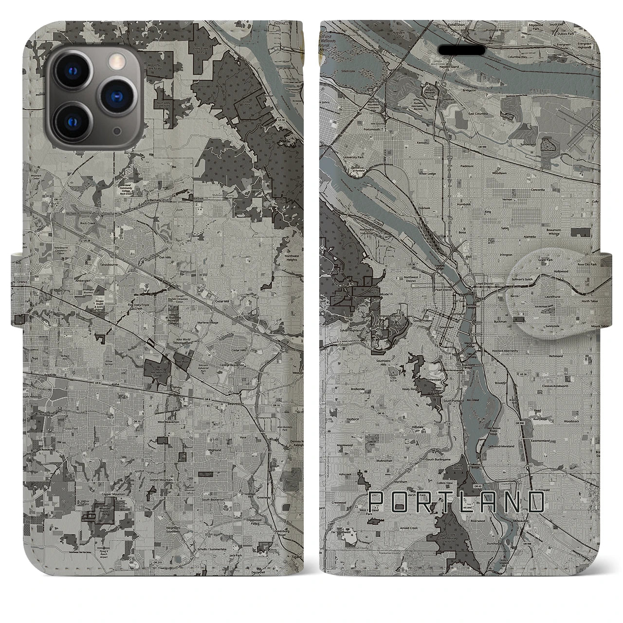 【ポートランド】地図柄iPhoneケース（手帳両面タイプ・モノトーン）iPhone 11 Pro Max 用