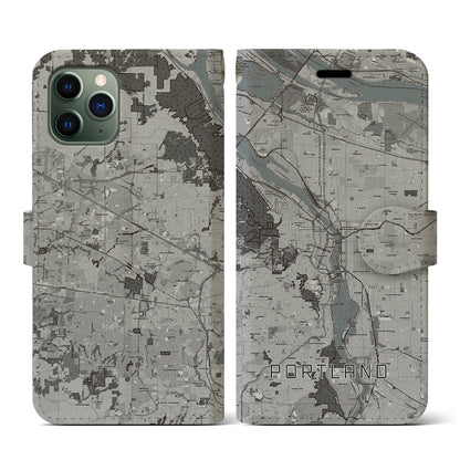 【ポートランド（アメリカ）】地図柄iPhoneケース（手帳タイプ）モノトーン・iPhone 11 Pro 用