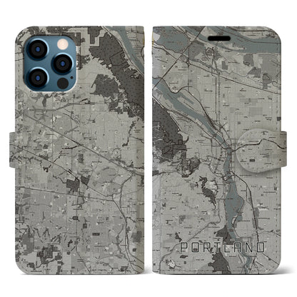 【ポートランド（アメリカ）】地図柄iPhoneケース（手帳タイプ）モノトーン・iPhone 12 / 12 Pro 用