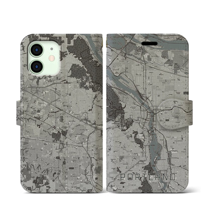 【ポートランド（アメリカ）】地図柄iPhoneケース（手帳タイプ）モノトーン・iPhone 12 mini 用