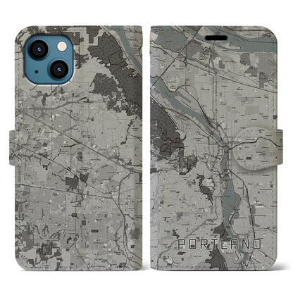 【ポートランド（アメリカ）】地図柄iPhoneケース（手帳タイプ）モノトーン・iPhone 13 用