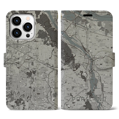 【ポートランド（アメリカ）】地図柄iPhoneケース（手帳タイプ）モノトーン・iPhone 13 Pro 用