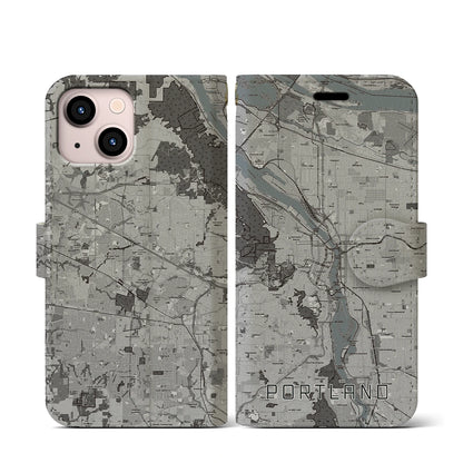 【ポートランド（アメリカ）】地図柄iPhoneケース（手帳タイプ）モノトーン・iPhone 13 mini 用