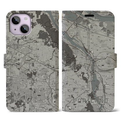 【ポートランド（アメリカ）】地図柄iPhoneケース（手帳タイプ）モノトーン・iPhone 14 用