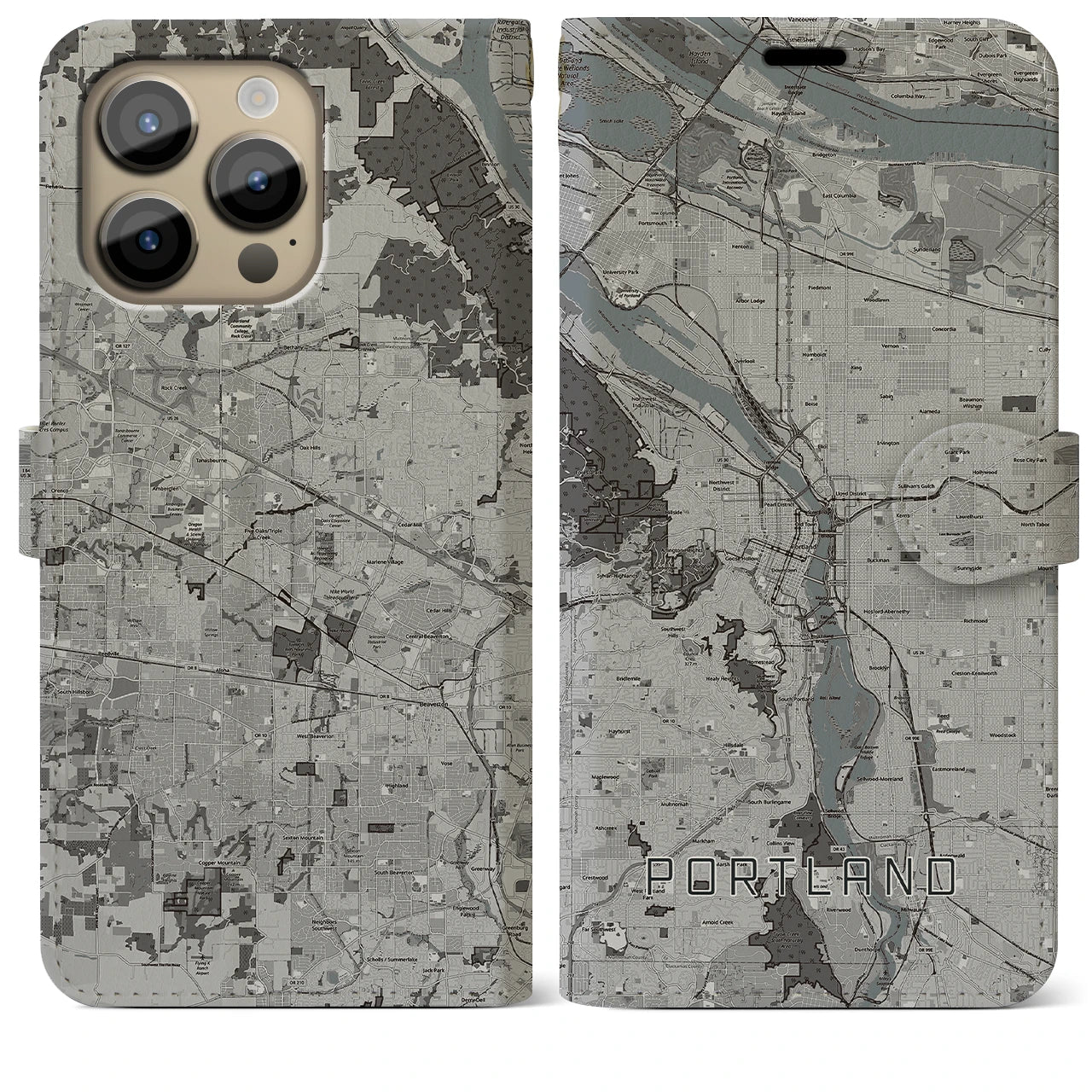 【ポートランド】地図柄iPhoneケース（手帳両面タイプ・モノトーン）iPhone 14 Pro Max 用