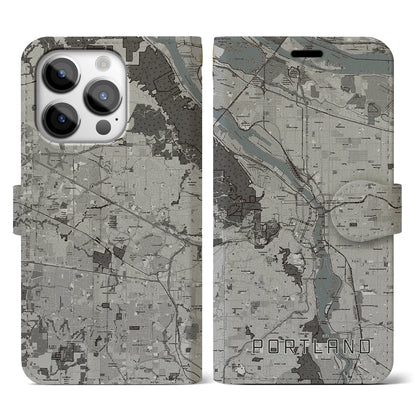 【ポートランド（アメリカ）】地図柄iPhoneケース（手帳タイプ）モノトーン・iPhone 14 Pro 用