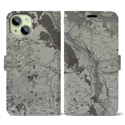 【ポートランド（アメリカ）】地図柄iPhoneケース（手帳タイプ）モノトーン・iPhone 15 用