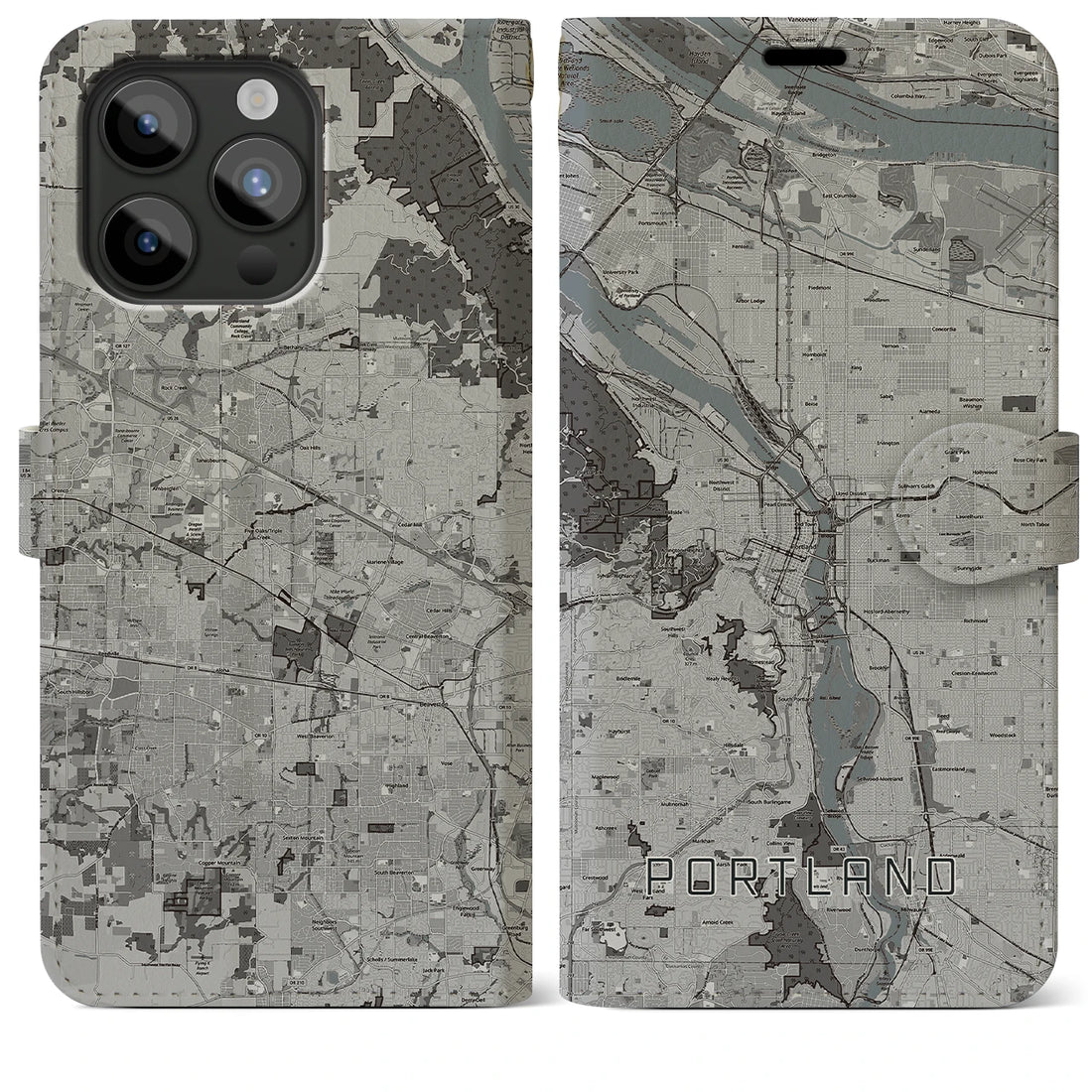 【ポートランド】地図柄iPhoneケース（手帳両面タイプ・モノトーン）iPhone 15 Pro Max 用