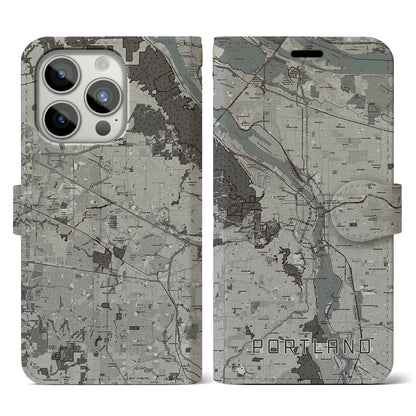 【ポートランド（アメリカ）】地図柄iPhoneケース（手帳タイプ）モノトーン・iPhone 15 Pro 用