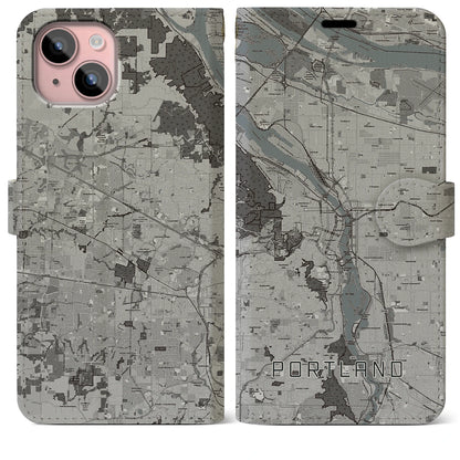 【ポートランド（アメリカ）】地図柄iPhoneケース（手帳タイプ）モノトーン・iPhone 15 Plus 用