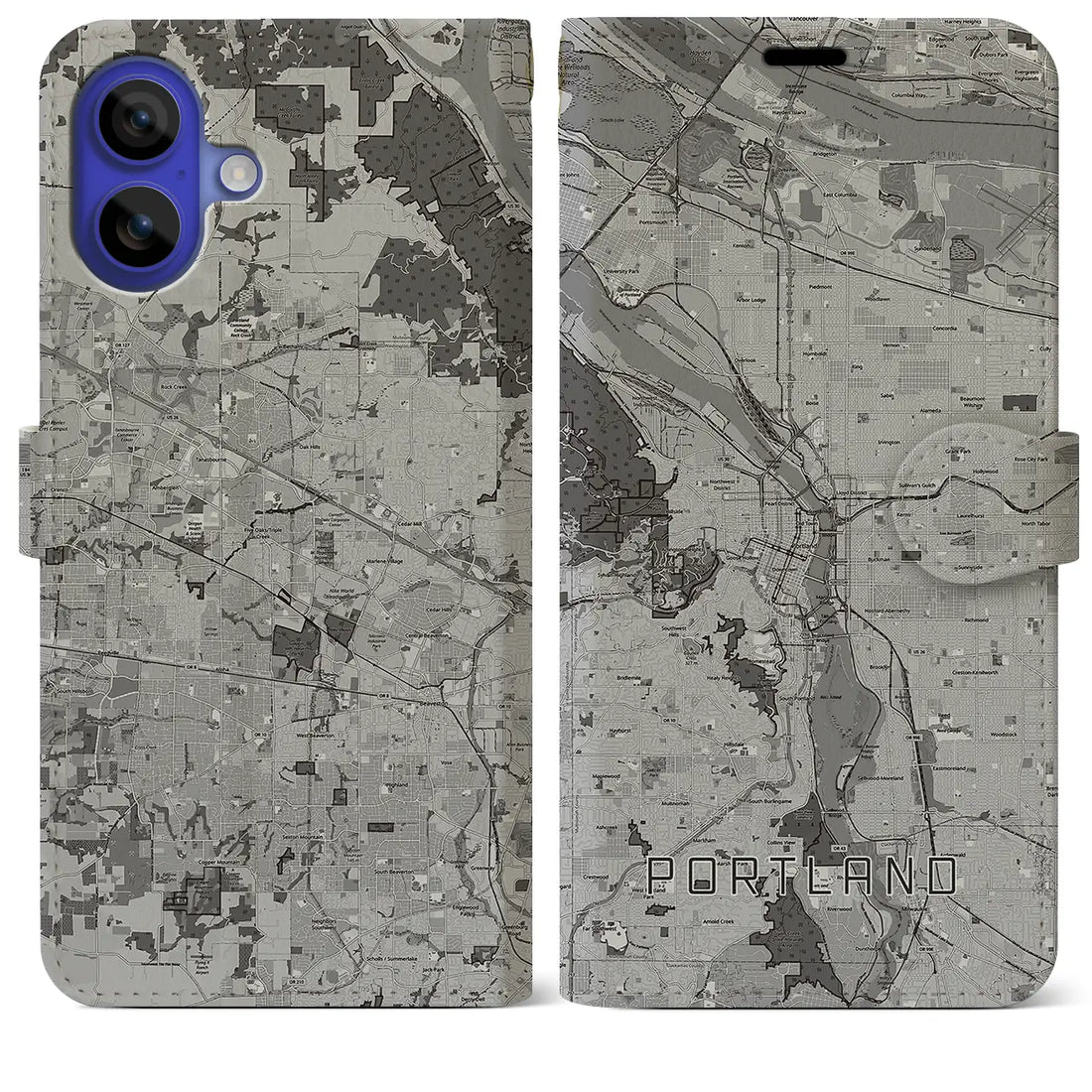 【ポートランド(アメリカ)】地図柄iPhoneケース(手帳タイプ)モノトーン・iPhone 16 Pro Max 用