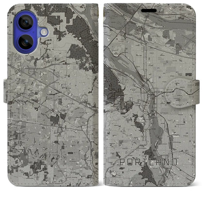 【ポートランド（アメリカ）】地図柄iPhoneケース（手帳タイプ）モノトーン・iPhone 16 Pro Max 用