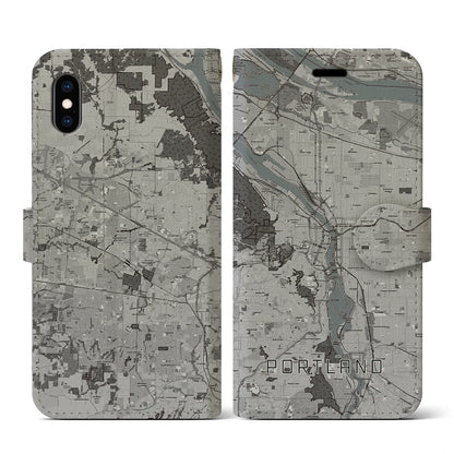 【ポートランド（アメリカ）】地図柄iPhoneケース（手帳タイプ）モノトーン・iPhone XS / X 用